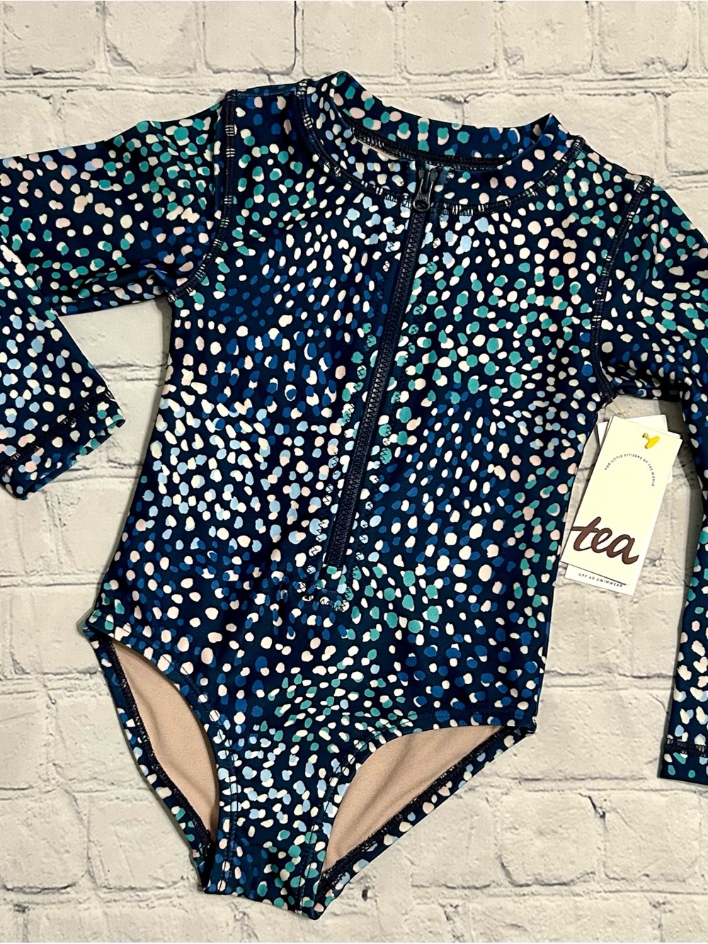 NWT Tea Collection Navy and Teal Dot-Print Long Sleeve One-Piece Swimsuit (2T)